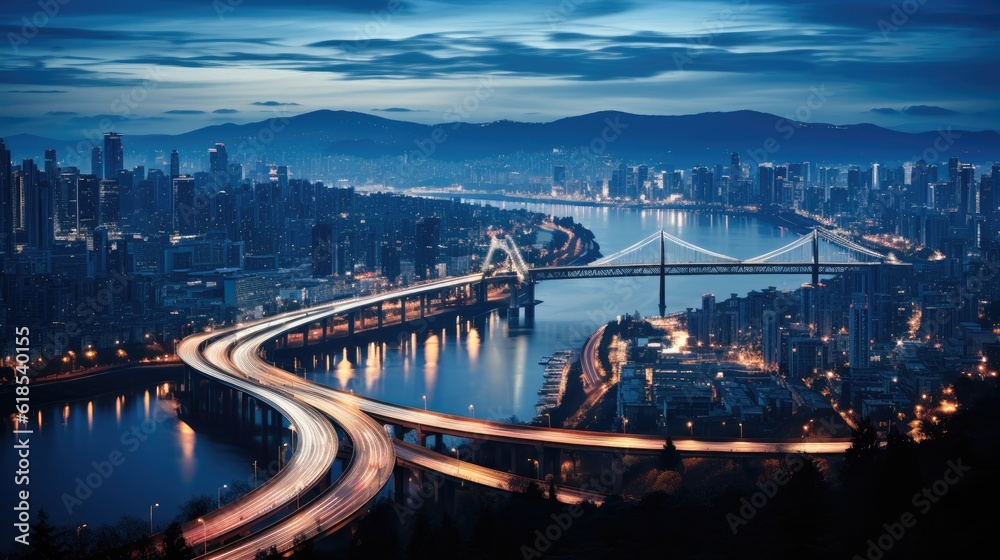 Aerial view of a bustling cityscape at night.