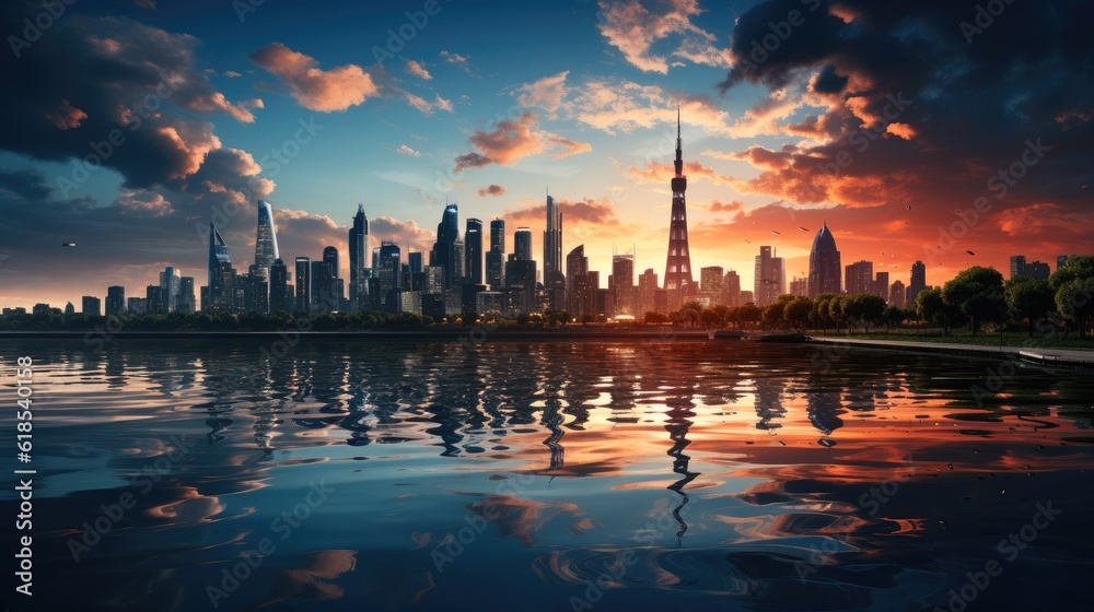 Urban landscape featuring an array of tall modern buildings near the lake at sunset.