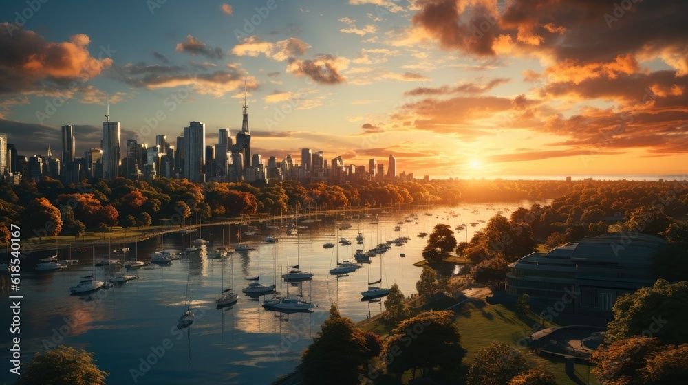 Urban landscape featuring an array of tall modern buildings near the lake at sunset.