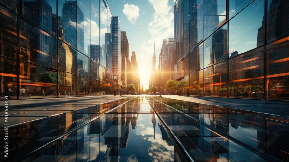 A vertical low angle shot of tall modern glass skyscrapers.