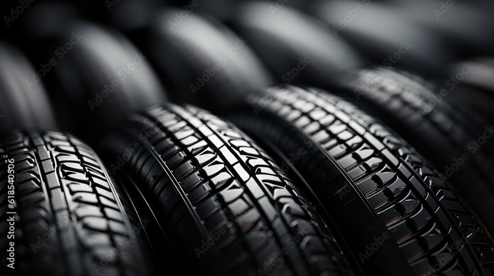 Transportation Tire rubber products , Group of new tires for sale at a tire store.