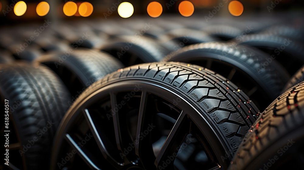 A tire store, Tire rubber products, Group of new tires for sale at a tire store.