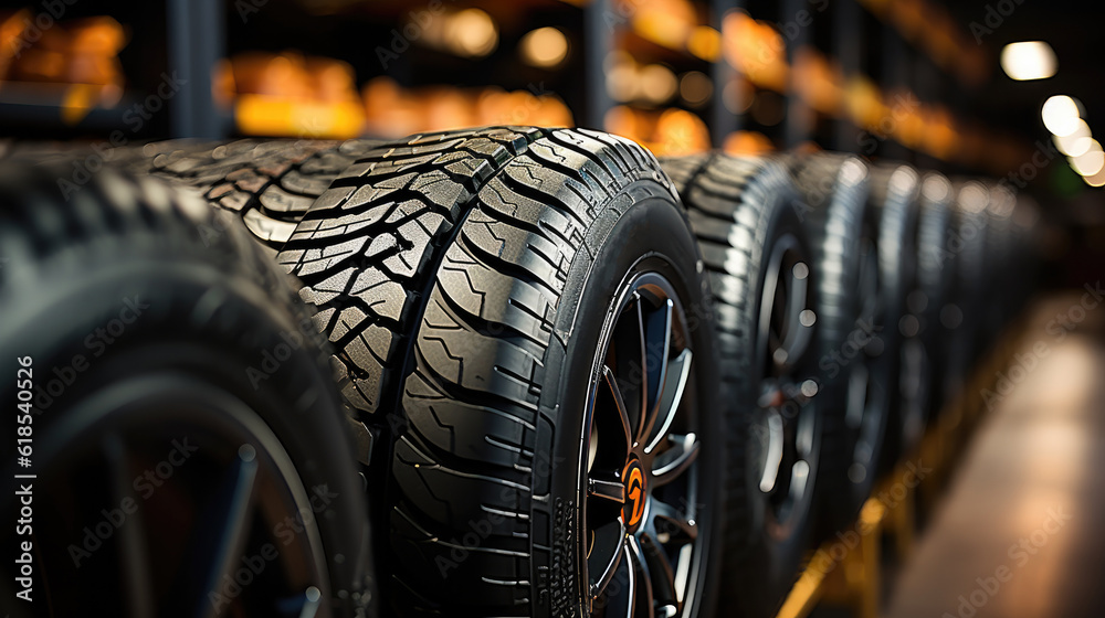 Transportation Tire rubber products , Group of new tires for sale at a tire store.