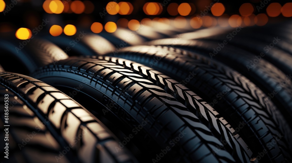 A tire store, Tire rubber products, Group of new tires for sale at a tire store.