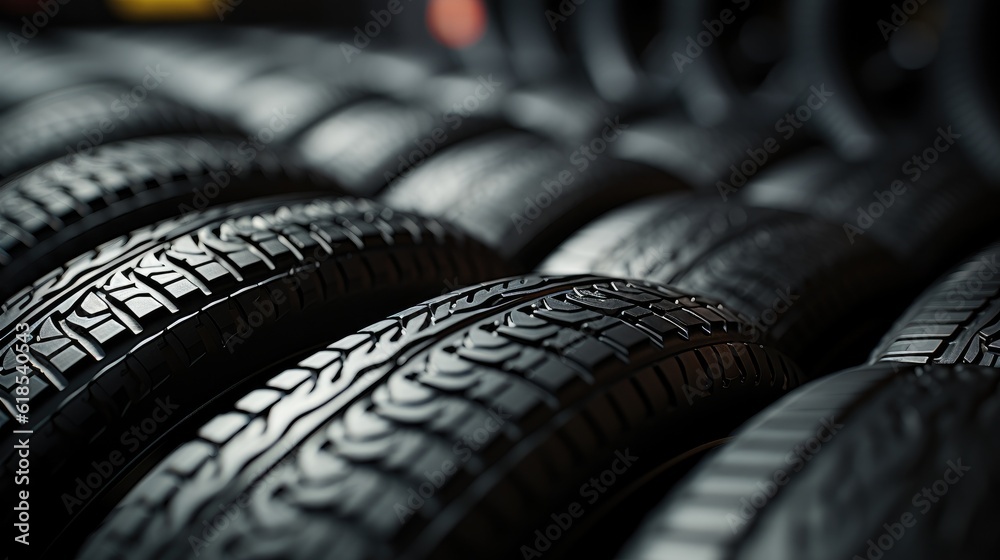 Transportation Tire rubber products , Group of new tires for sale at a tire store.