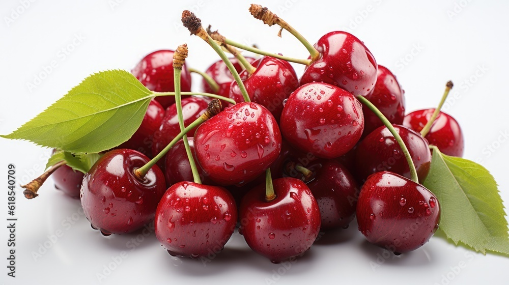 Sweet cherry fruits with stems and leaf, Cherries isolated on white background.