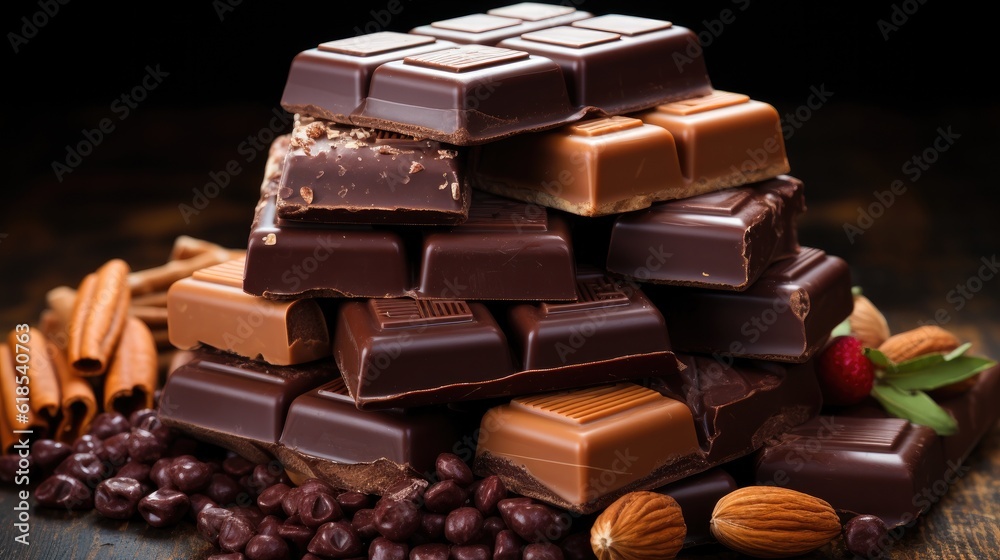 Various assortment of chocolate with paste, Chocolate background.