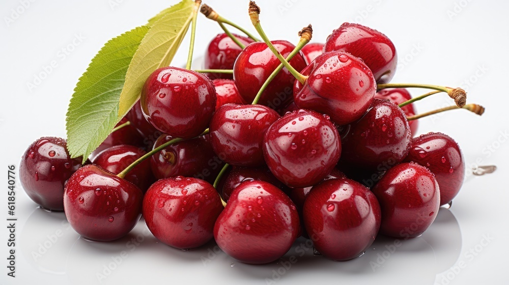 Sweet cherry fruits with stems and leaf, Cherries isolated on white background.