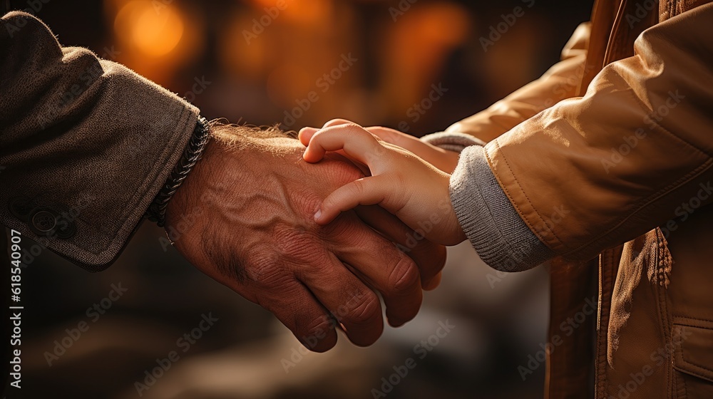 Close up of father holding little boy hand, New family, care, Love and baby protection concept.