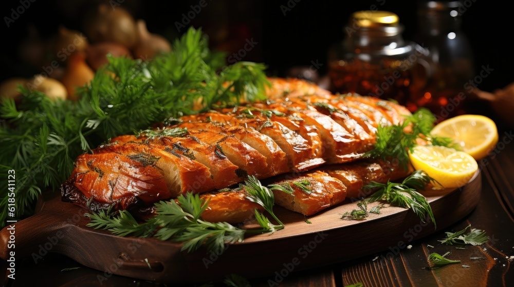 Smoked fish on wooden table, Tasty food with smoked mackerel on wooden background