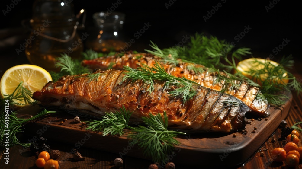 Smoked fish on wooden table, Tasty food with smoked mackerel on wooden background