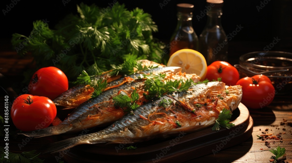 Smoked fish on wooden table, Tasty food with smoked mackerel on wooden background