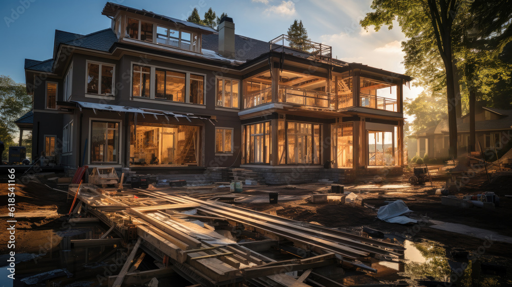 Interior frame of new house, Construction of a new home, House under construction.