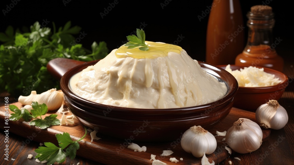 Concept of cooking garlic sauce on wooden background, Cooking garlic sauce..Concept of cooking garli