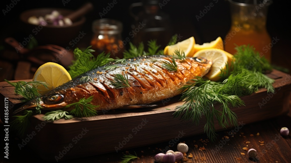 Smoked fish on wooden table, Tasty food with smoked mackerel on wooden background