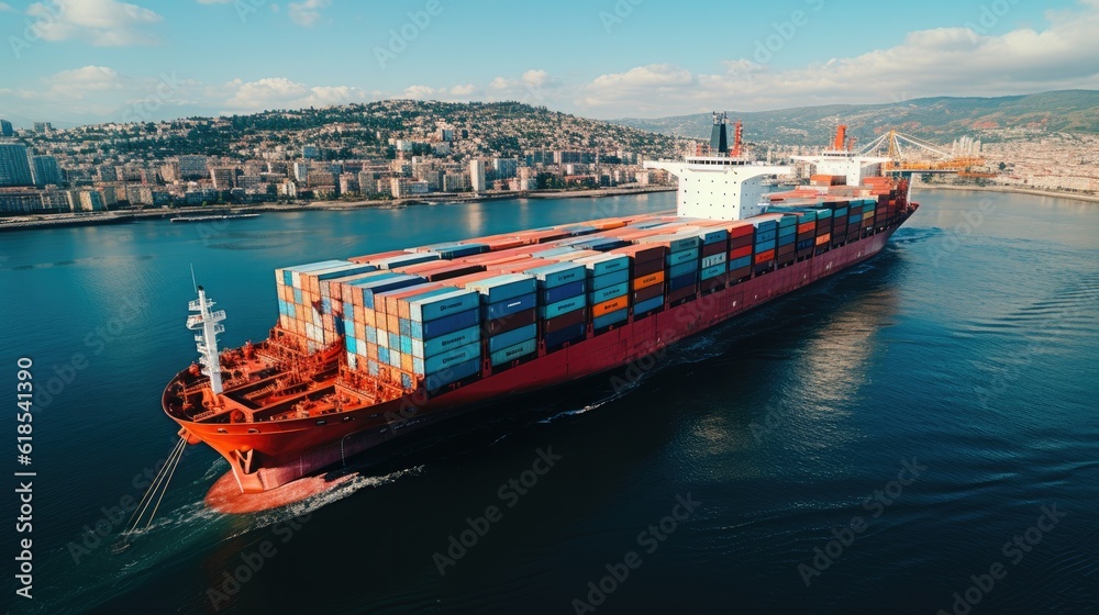 Container cargo ship leaving port. International logistics and transportation import and export.