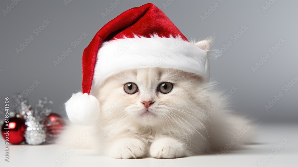 Cute white cat sitting in a red Santa hat, Cat with Santa hat waiting for Christmas while sitting on