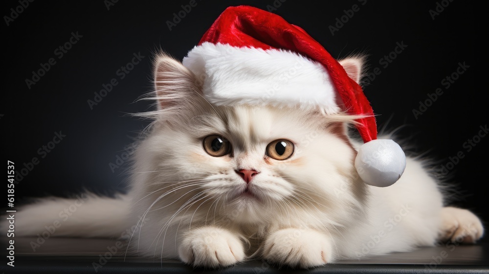 Cute white cat sitting in a red Santa hat, Cat with Santa hat waiting for Christmas while sitting on