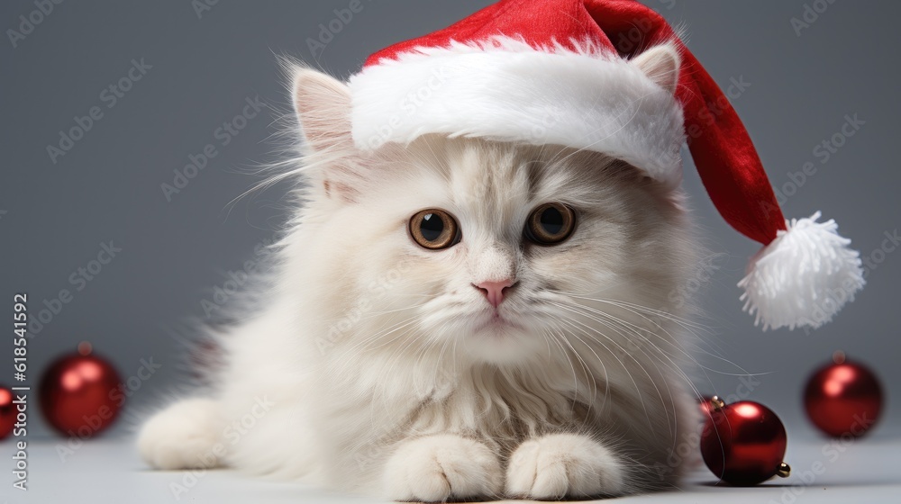 Cute white cat sitting in a red Santa hat, Cat with Santa hat waiting for Christmas while sitting on