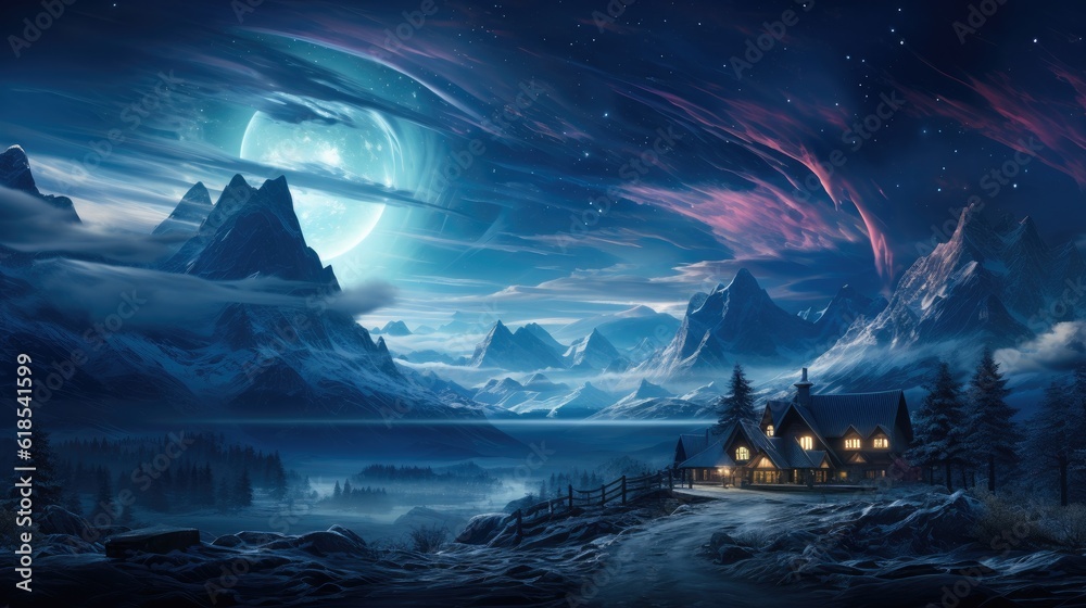 Fantastic winter landscape with wooden house in snowy mountains and northern light in night sky.