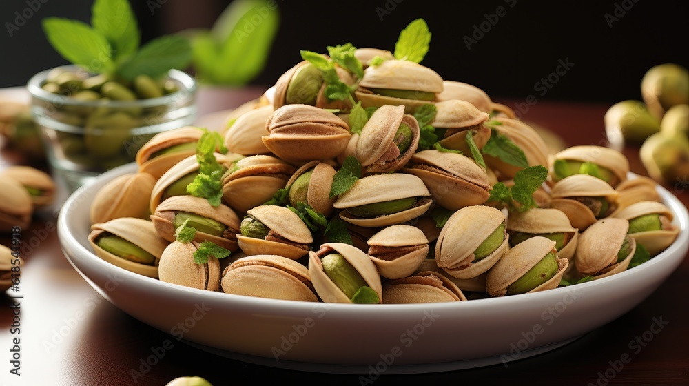 Salted pistachios, Fried salted pistachios in shell on white isolated background, delicious snack.