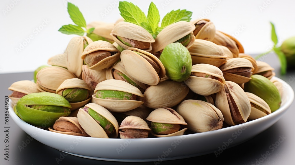 Pistachios on a white background,Pistachios in a plate, Delicious pistachios.