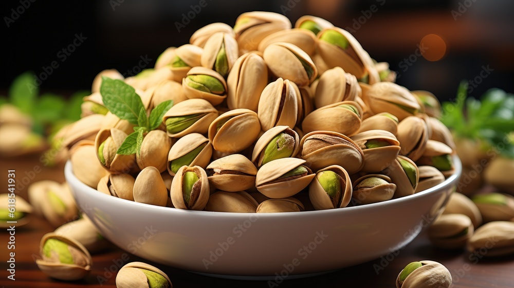 Pistachios on a white background,Pistachios in a plate, Delicious pistachios.