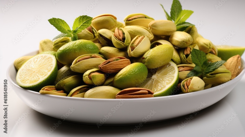 Salted pistachios, Fried salted pistachios in shell on white isolated background, delicious snack.