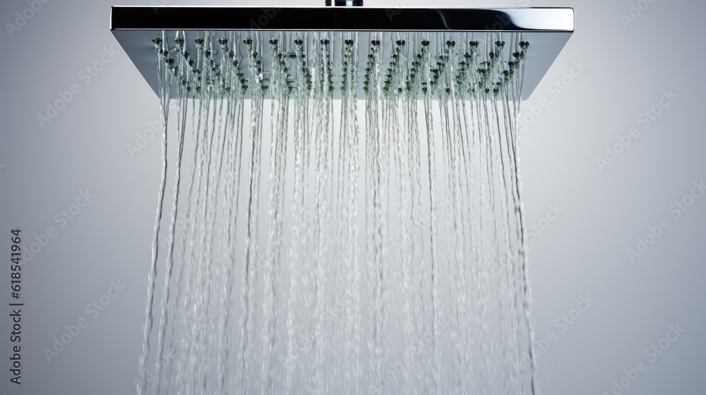 Fresh shower with water drops splashing, Water running from shower head and faucet in modern bathroo