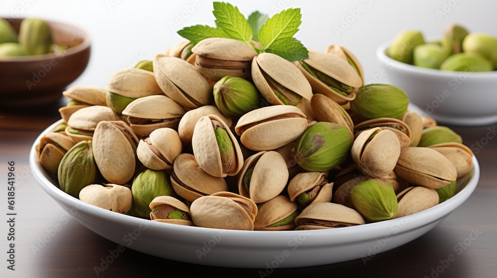 Pistachios on a white background,Pistachios in a plate, Delicious pistachios.