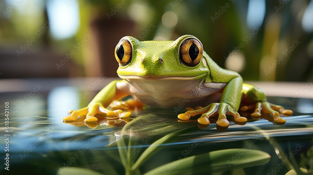 Green Emerald glass frog on a leaf on a nature background.