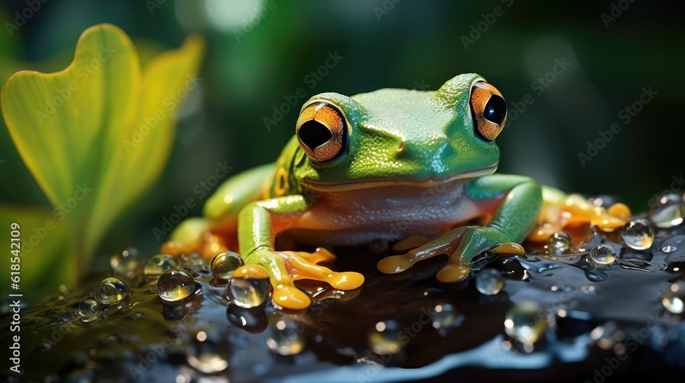 Green Emerald glass frog on a leaf on a nature background.