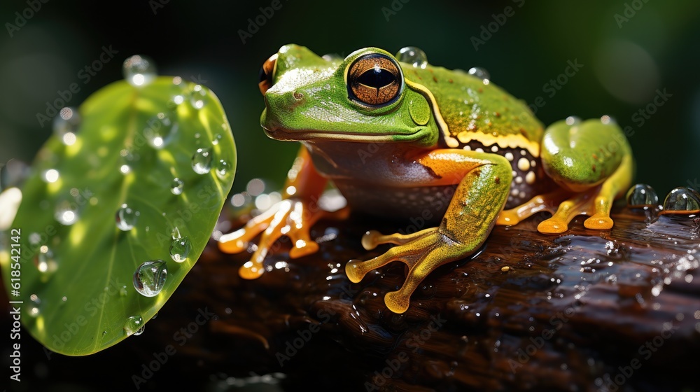 Green Emerald glass frog on a leaf on a nature background.