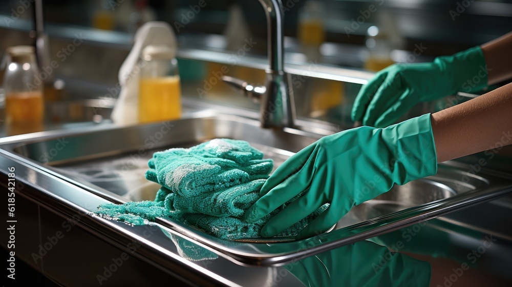 Cleaning the kitchen sink, Cleaner using detergent and accessories for cleaning kitchen room, Househ