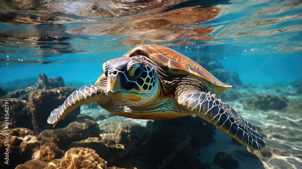 Hawaiian Green Sea Turtle swimming underwater.