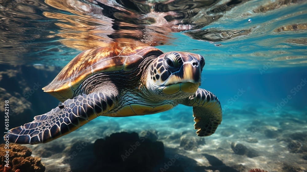 Hawaiian Green Sea Turtle swimming underwater.