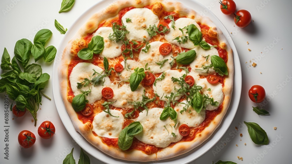 Top View of Italian Mozzarella Pizza And Basil Leaves Nearby On Table.