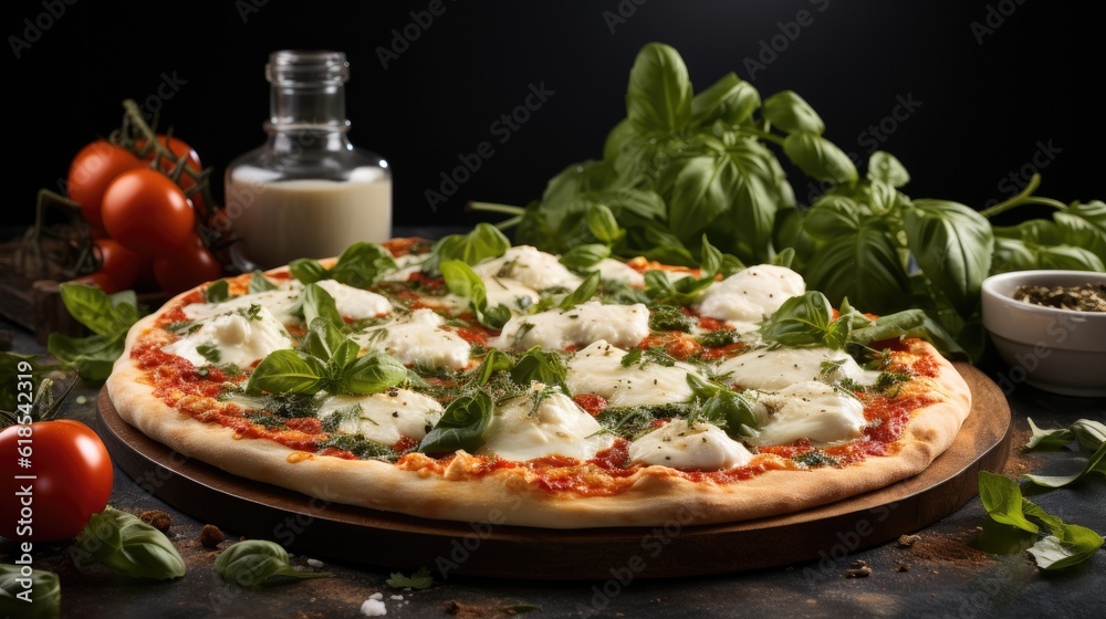 Top View of Italian Mozzarella Pizza And Basil Leaves Nearby On Table.