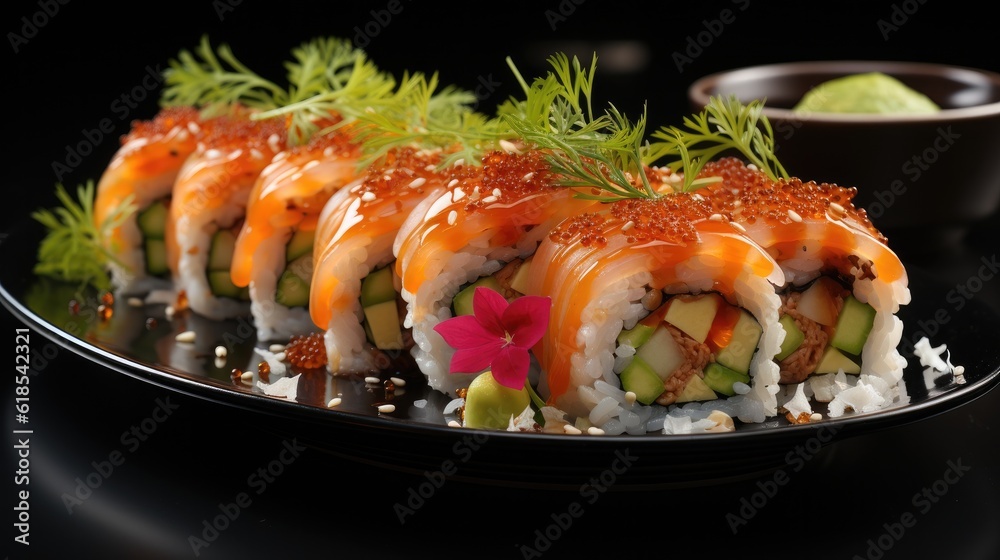 Japanese Sushi roll with salmon and cucumber on dark background, Asian dish pieces with salmon.