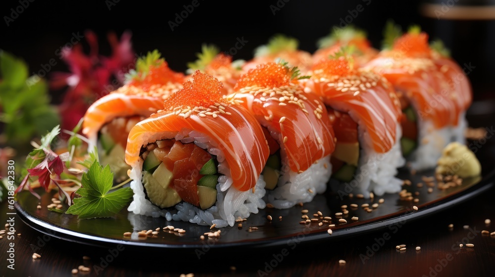 Japanese Sushi roll with salmon and cucumber on dark background, Asian dish pieces with salmon.