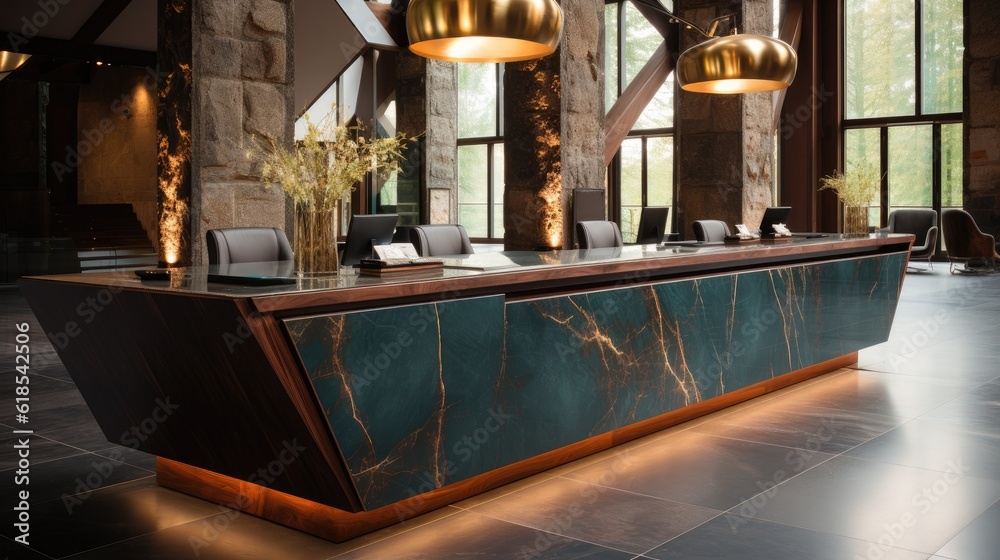 Modern luxury hotel reception counter desk.