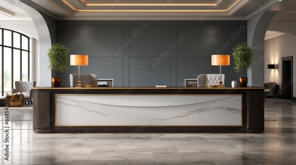 Modern luxury hotel reception counter desk.