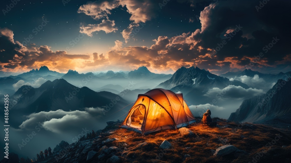 The travelers orange tent on high mountain and sea of mist, Summer night landscape.