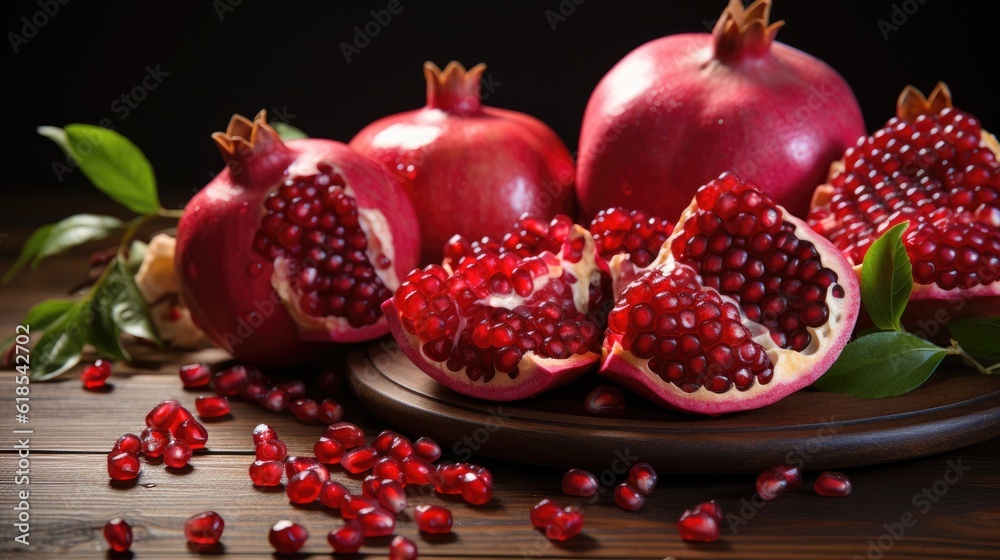 Ripe pomegranate fruits on the wooden background, Healthy pomegranate fruit with leaves and half of 