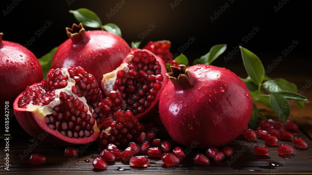 Ripe pomegranate fruits on the wooden background, Healthy pomegranate fruit with leaves and half of 