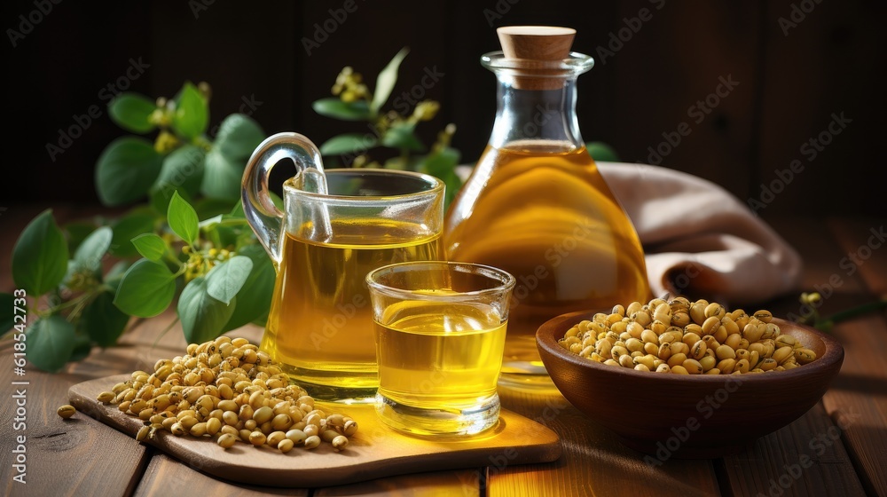 Soybean oil, Soybean oil in glass bottle with dry soy seeds on a wooden background.