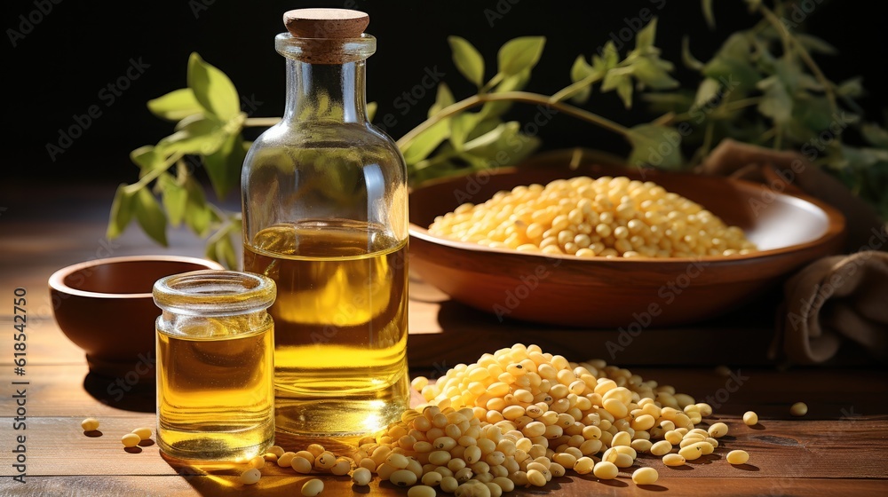 Soybean oil, Soybean oil in glass bottle with dry soy seeds on a wooden background.