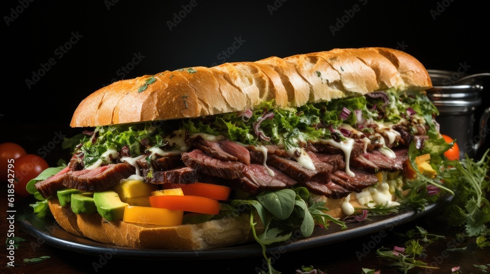 Tasty beef sandwich in black background, Fresh tasty burger, Delicious grilled burgers.