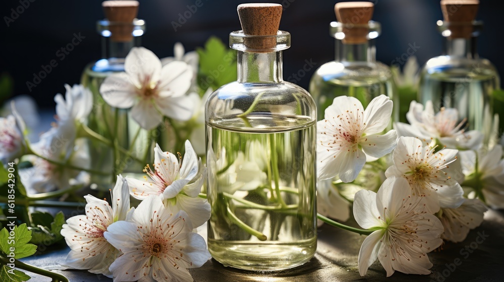 Aromatherapy concept, Top view of glass bottles of geranium essential oil with fresh white flowers a