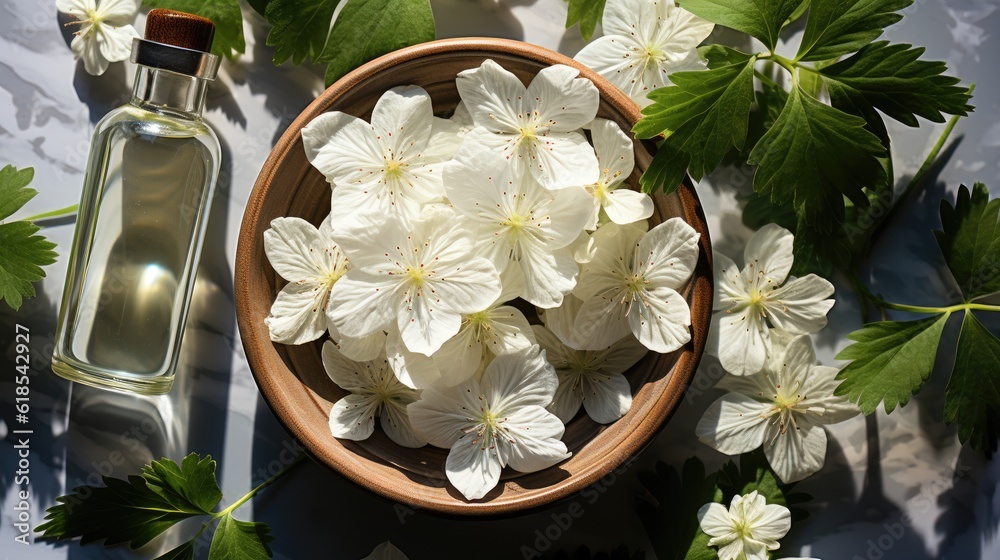 Aromatherapy concept, Top view of glass bottles of geranium essential oil with fresh white flowers a